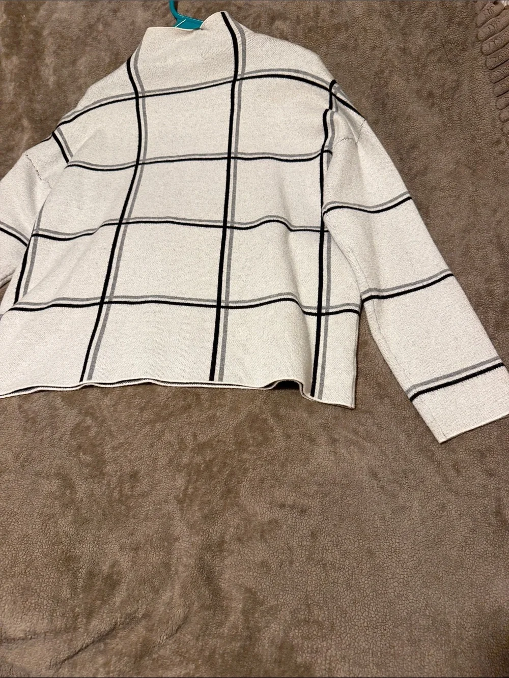 Tahari Cream Crewneck Sweater with Black Windowpane